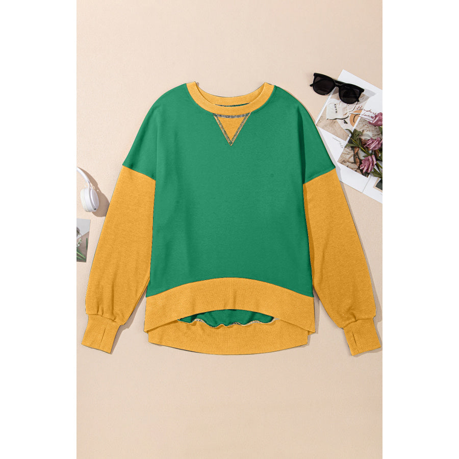 Contrast Round Neck Long Sleeve Sweatshirt Green / S Apparel and Accessories