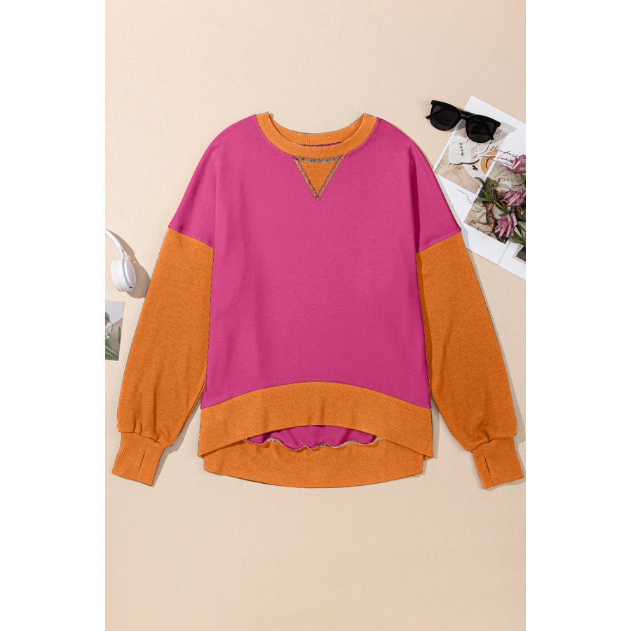 Contrast Round Neck Long Sleeve Sweatshirt Hot Pink / S Apparel and Accessories