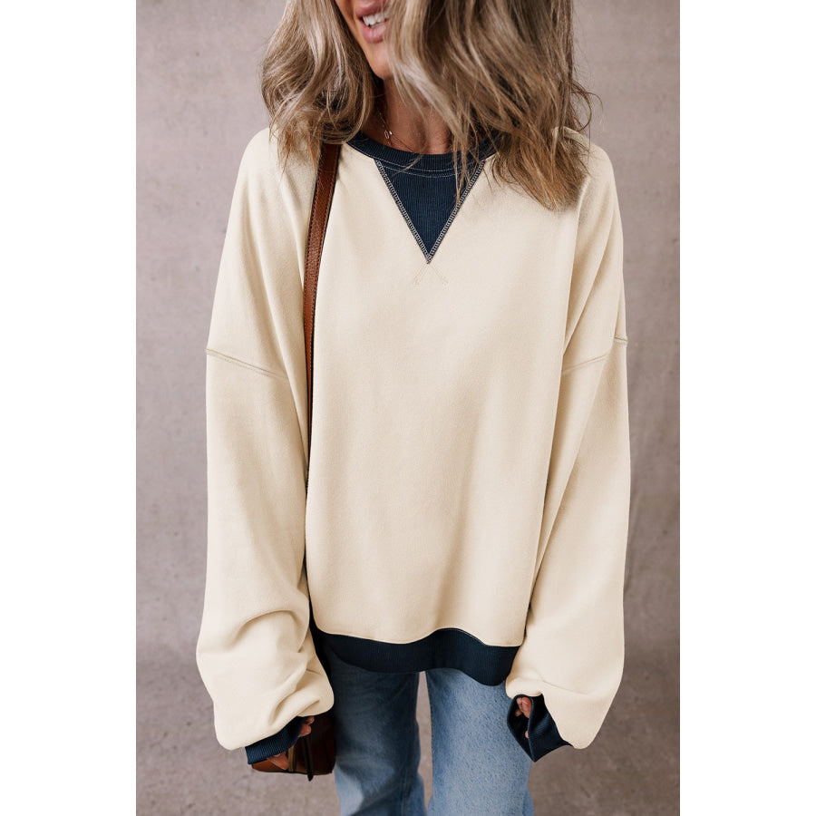 Contrast Round Neck Long Sleeve Sweatshirt Ivory / S Apparel and Accessories