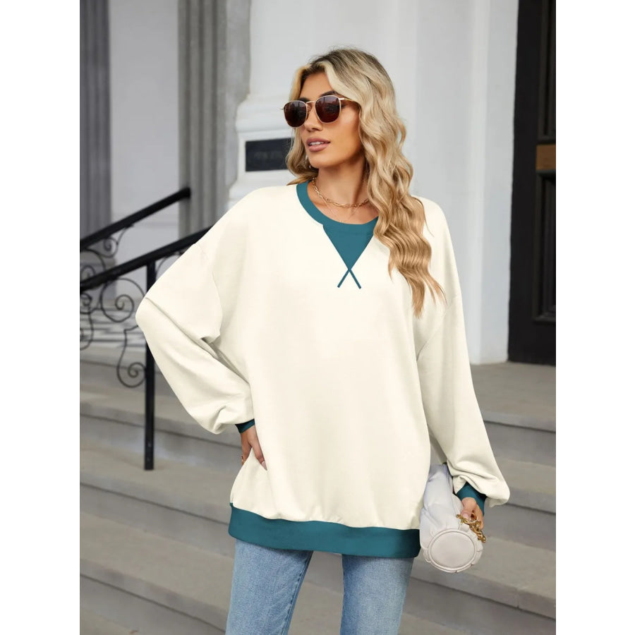 Contrast Round Neck Long Sleeve Sweatshirt Ivory / S Apparel and Accessories