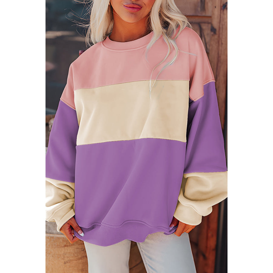 Contrast Round Neck Long Sleeve Sweatshirt Lavender / S Apparel and Accessories