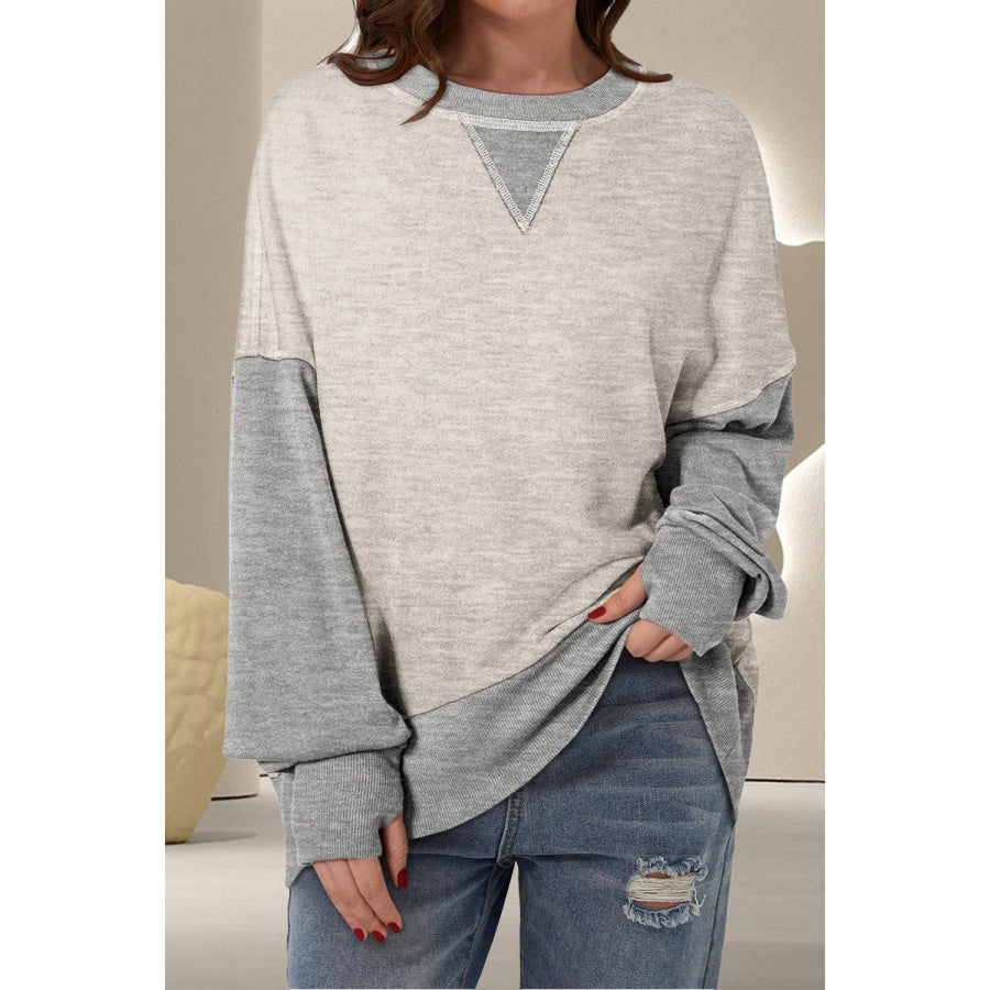 Contrast Round Neck Long Sleeve Sweatshirt Light Gray / S Apparel and Accessories