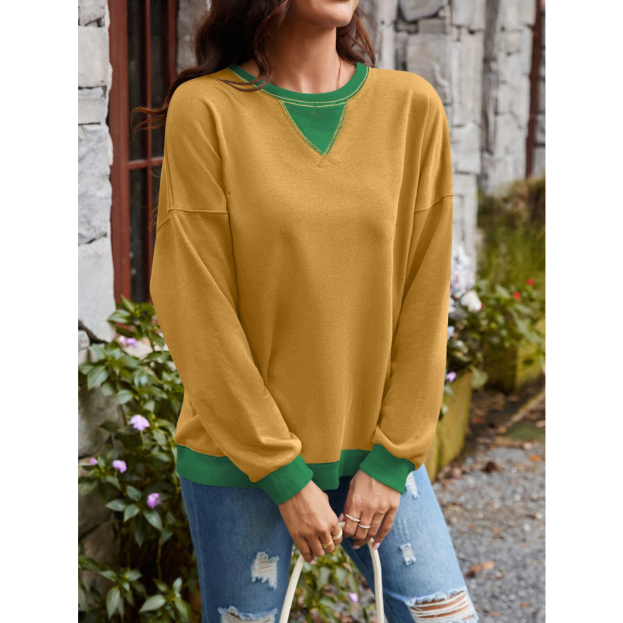 Contrast Round Neck Long Sleeve Sweatshirt Mustard / S Apparel and Accessories