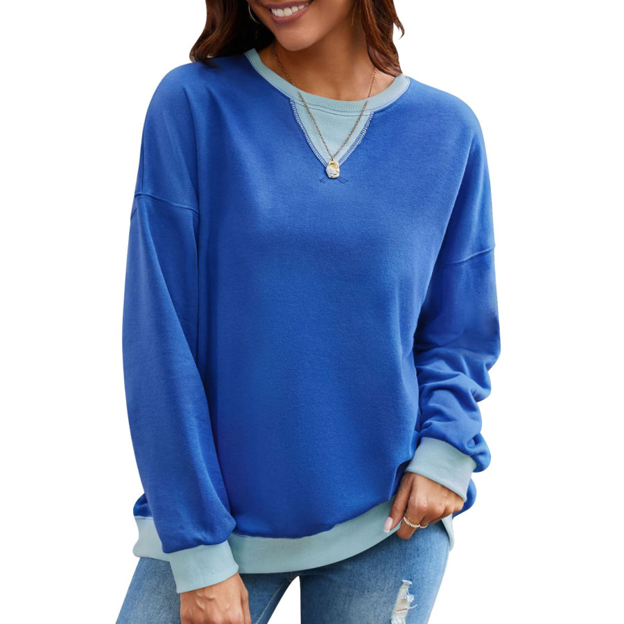 Contrast Round Neck Long Sleeve Sweatshirt Navy / S Apparel and Accessories