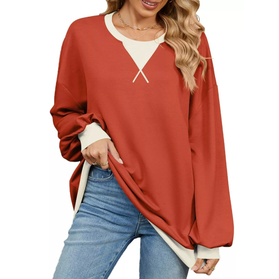 Contrast Round Neck Long Sleeve Sweatshirt Orange-Red / S Apparel and Accessories
