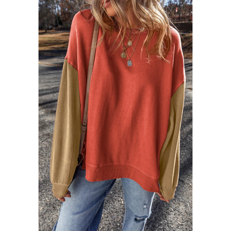 Contrast Round Neck Long Sleeve Sweatshirt Orange-Red / S Apparel and Accessories