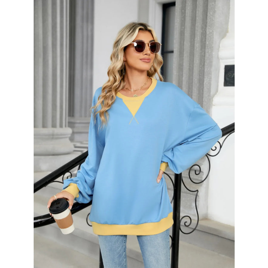 Contrast Round Neck Long Sleeve Sweatshirt Pastel Blue / S Apparel and Accessories