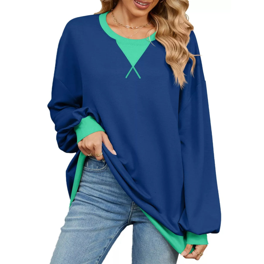 Contrast Round Neck Long Sleeve Sweatshirt Peacock Blue / S Apparel and Accessories