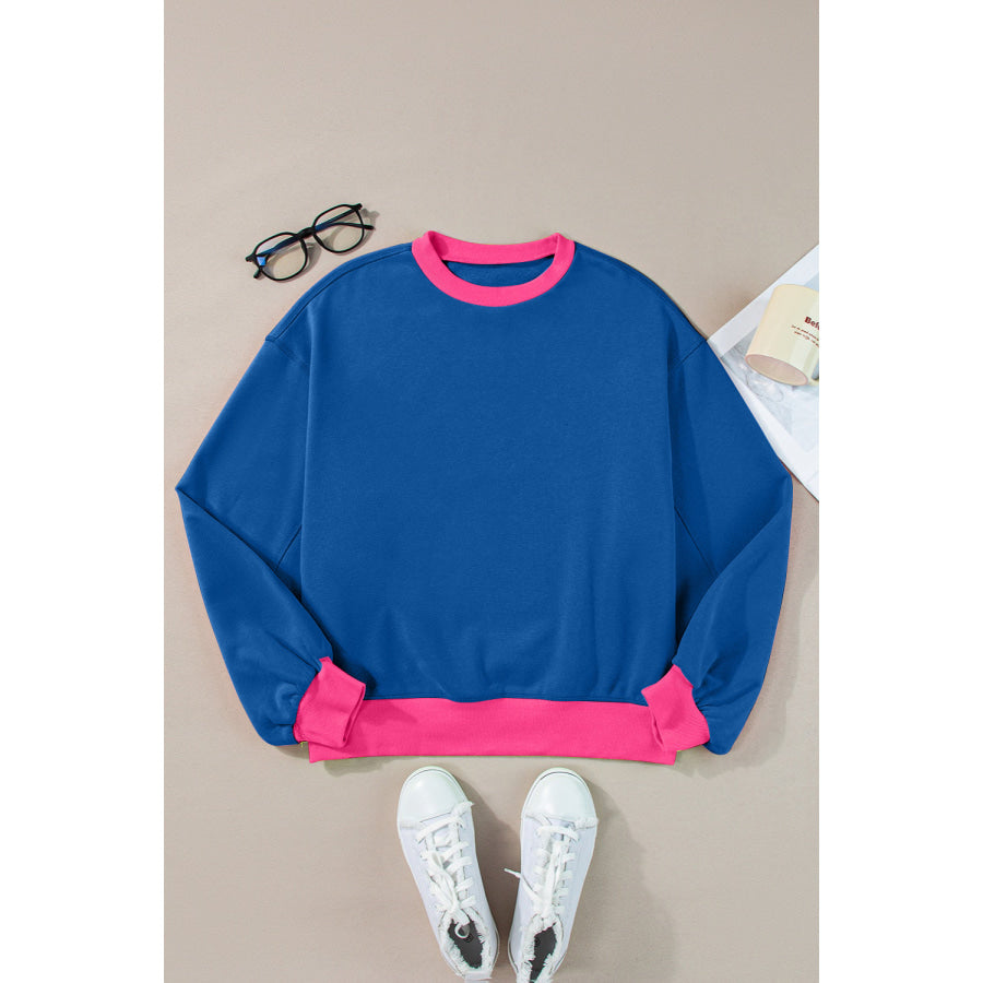 Contrast Round Neck Long Sleeve Sweatshirt Peacock Blue / S Apparel and Accessories