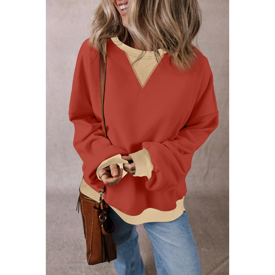 Contrast Round Neck Long Sleeve Sweatshirt Rust / S Apparel and Accessories