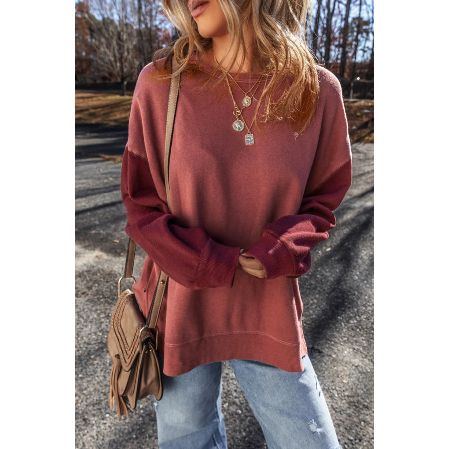 Contrast Round Neck Long Sleeve Sweatshirt Rust / S Apparel and Accessories