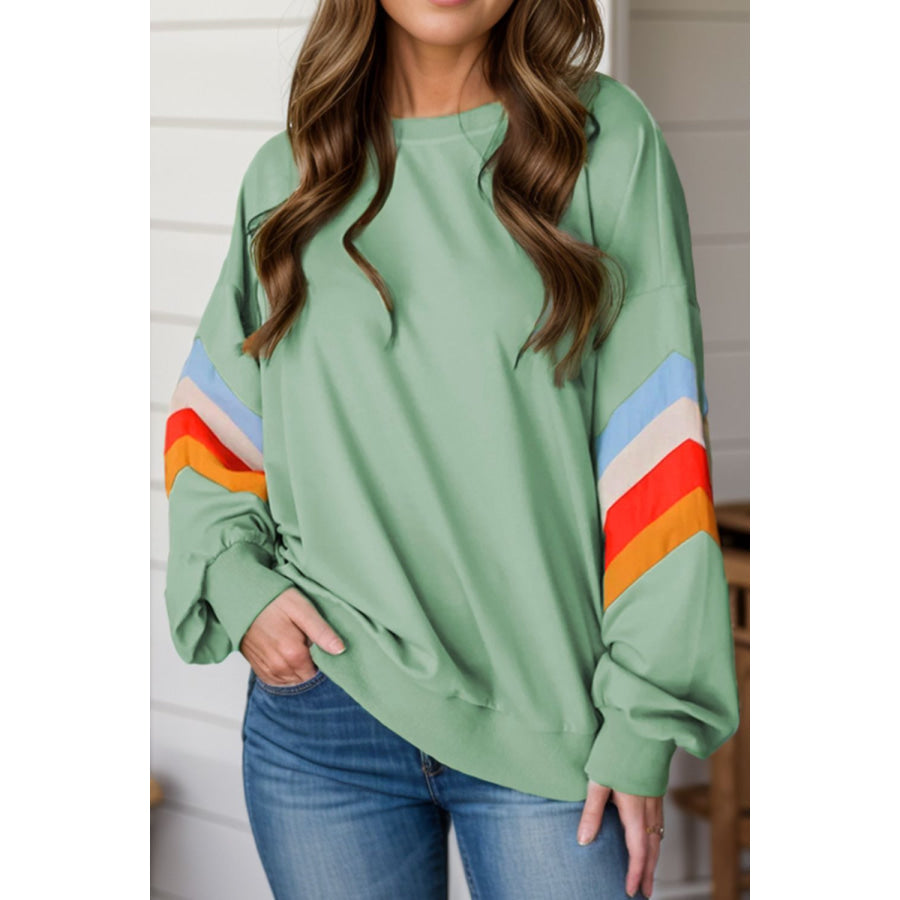 Contrast Round Neck Long Sleeve Sweatshirt Sage / S Apparel and Accessories