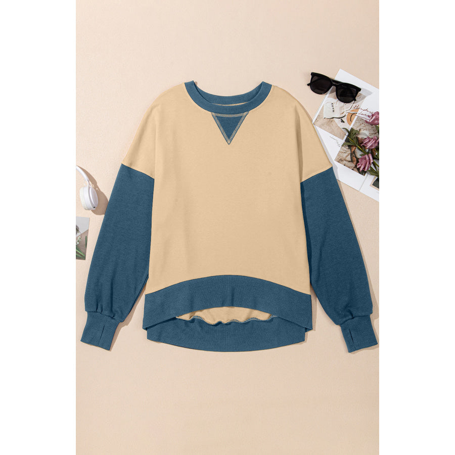 Contrast Round Neck Long Sleeve Sweatshirt Tan / S Apparel and Accessories