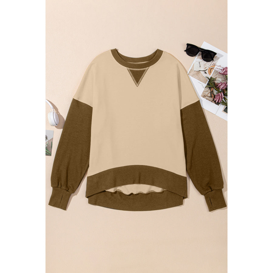 Contrast Round Neck Long Sleeve Sweatshirt Taupe / S Apparel and Accessories