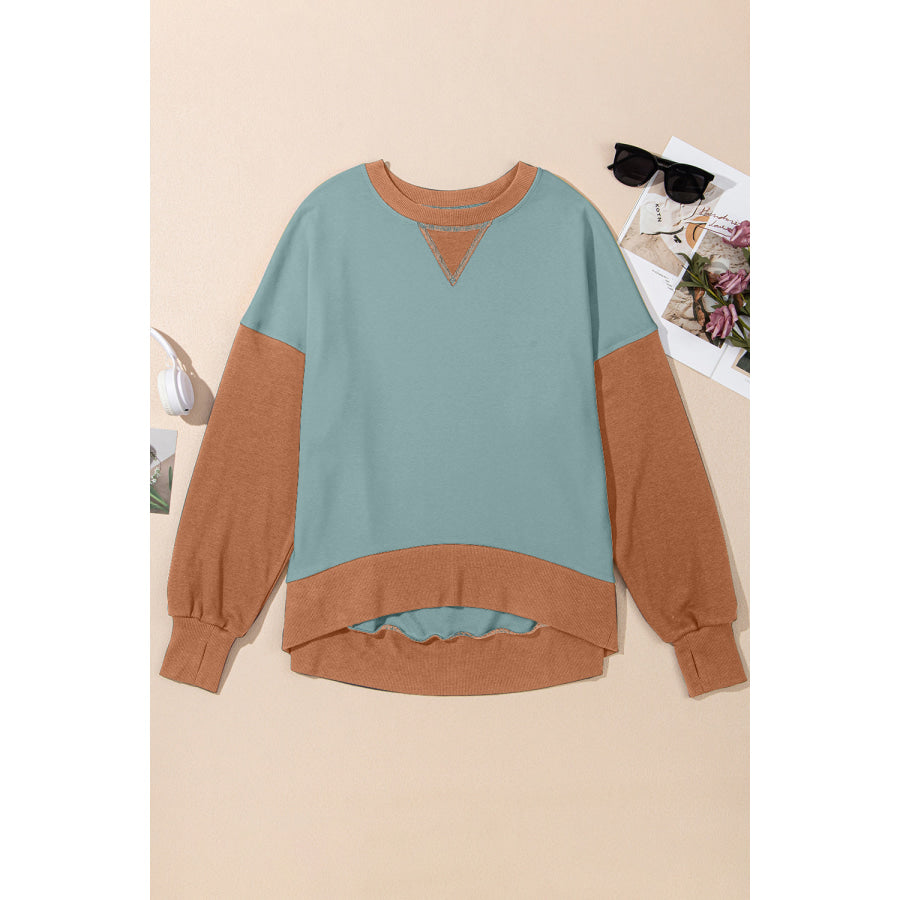 Contrast Round Neck Long Sleeve Sweatshirt Turquoise / S Apparel and Accessories