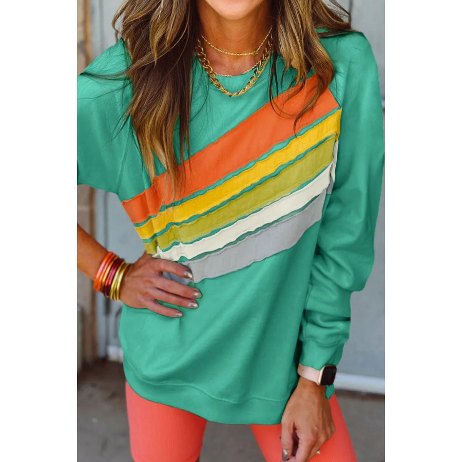 Contrast Round Neck Long Sleeve Sweatshirt Turquoise / S Apparel and Accessories