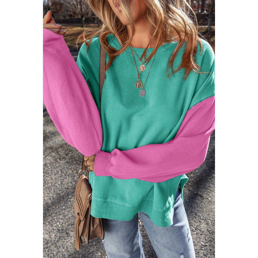 Contrast Round Neck Long Sleeve Sweatshirt Turquoise / S Apparel and Accessories