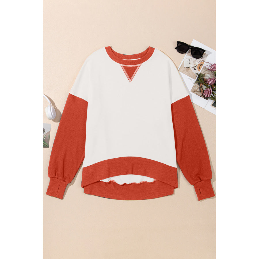 Contrast Round Neck Long Sleeve Sweatshirt White / S Apparel and Accessories