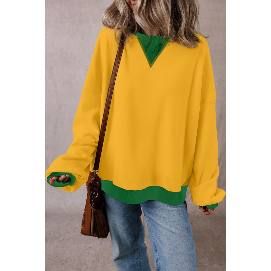 Contrast Round Neck Long Sleeve Sweatshirt Yellow / S Apparel and Accessories