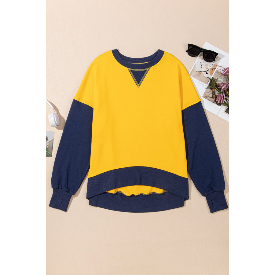 Contrast Round Neck Long Sleeve Sweatshirt Yellow / S Apparel and Accessories