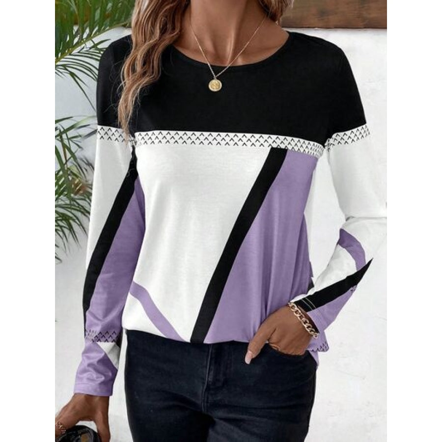 Contrast Round Neck Long Sleeve T-Shirt Clothing