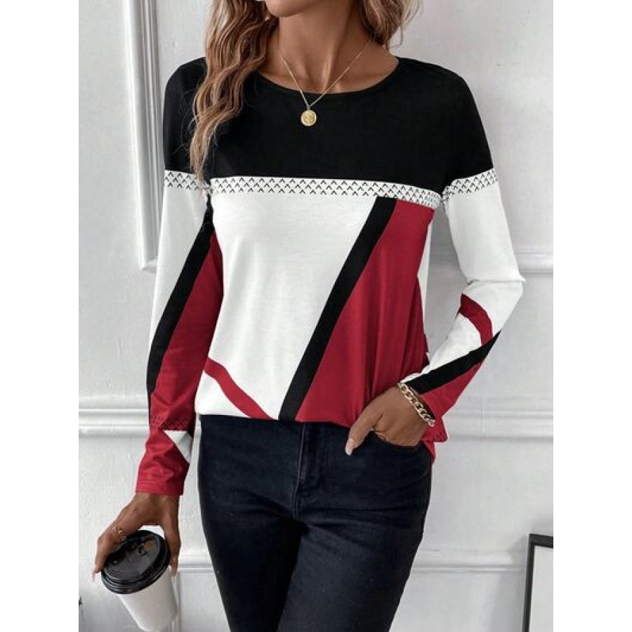 Contrast Round Neck Long Sleeve T-Shirt Clothing