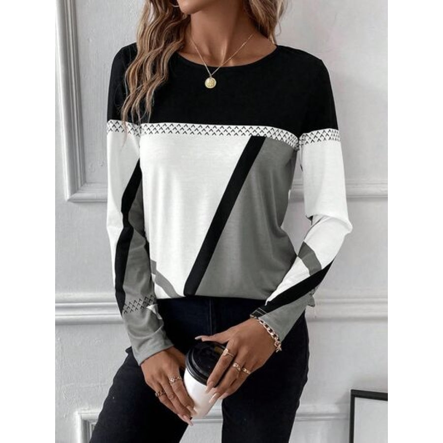 Contrast Round Neck Long Sleeve T-Shirt Clothing