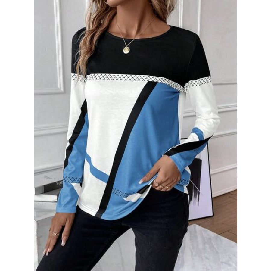 Contrast Round Neck Long Sleeve T-Shirt Clothing