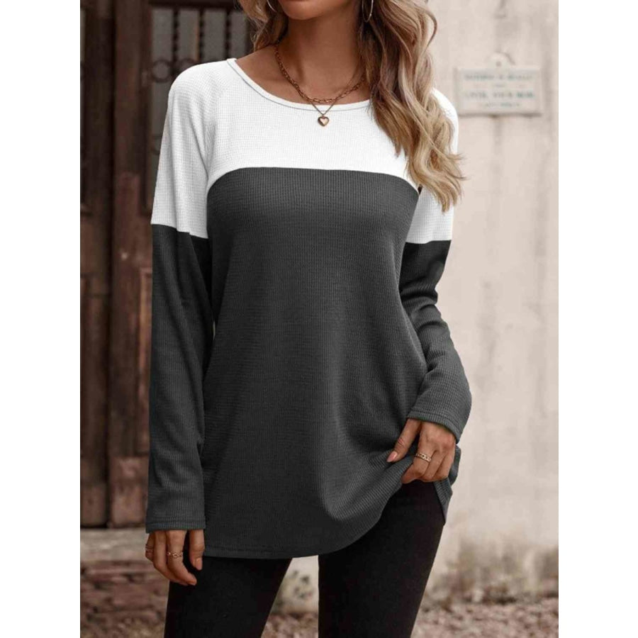 Contrast Round Neck Long Sleeve T-Shirt Heather Gray / S