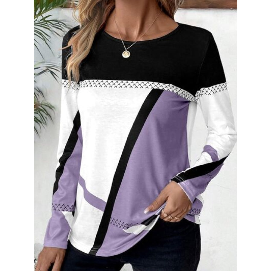 Contrast Round Neck Long Sleeve T-Shirt Lavender / S Clothing