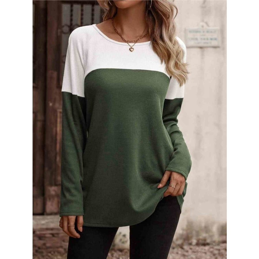 Contrast Round Neck Long Sleeve T-Shirt Sage / S