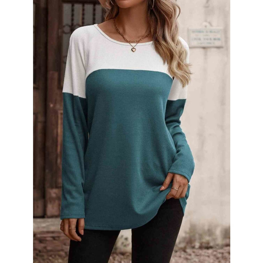 Contrast Round Neck Long Sleeve T-Shirt Teal / S