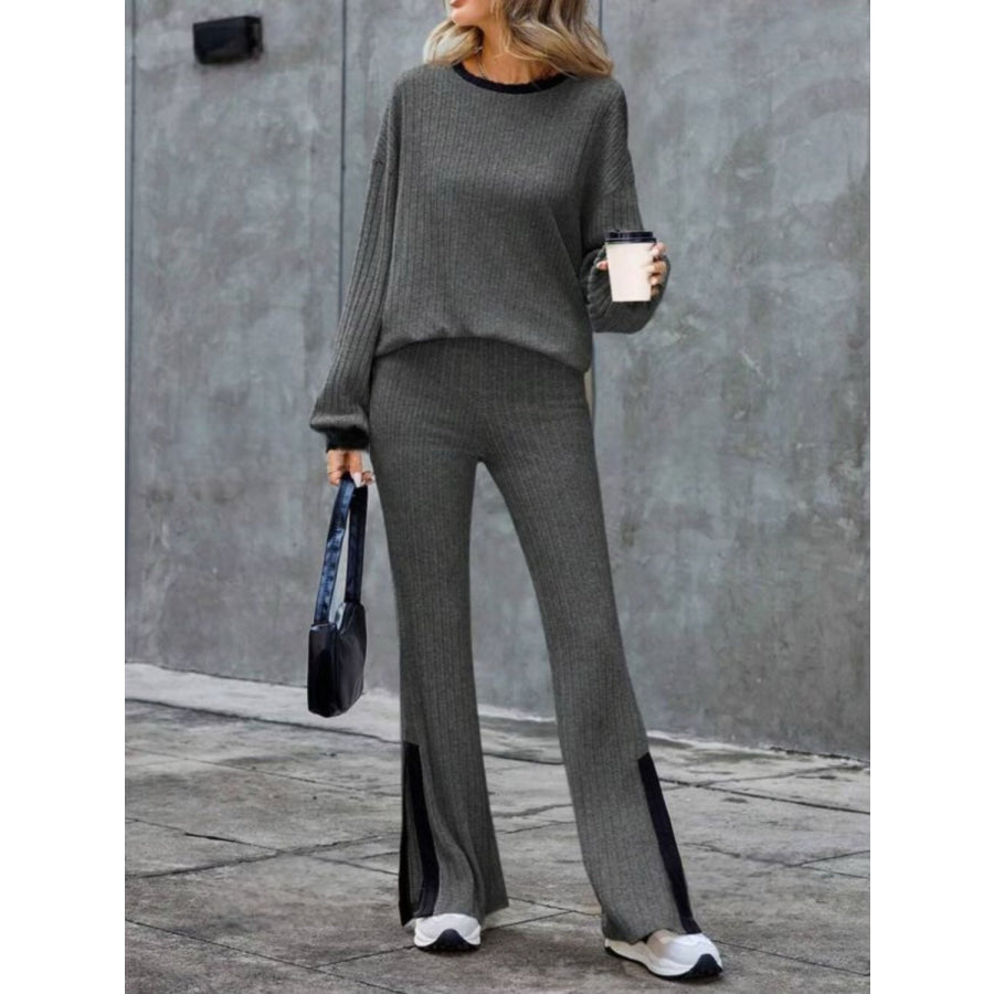 Contrast Round Neck Long Sleeve Top and Bootcut Pants Set Apparel and Accessories