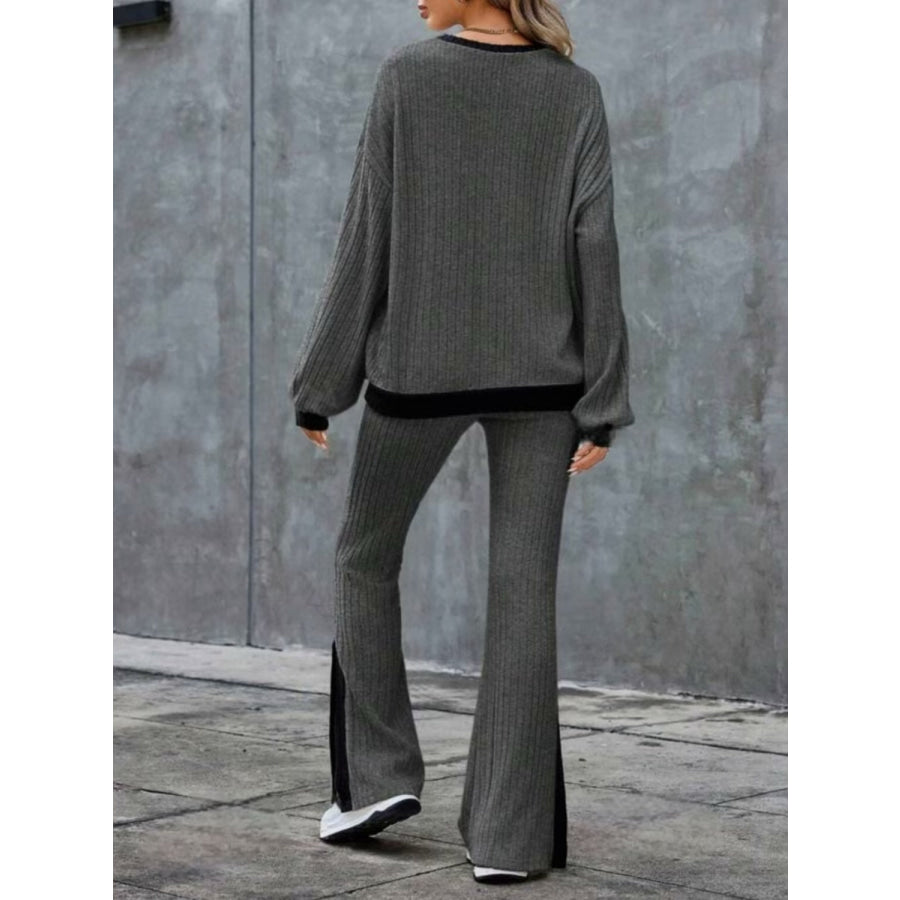 Contrast Round Neck Long Sleeve Top and Bootcut Pants Set Apparel and Accessories