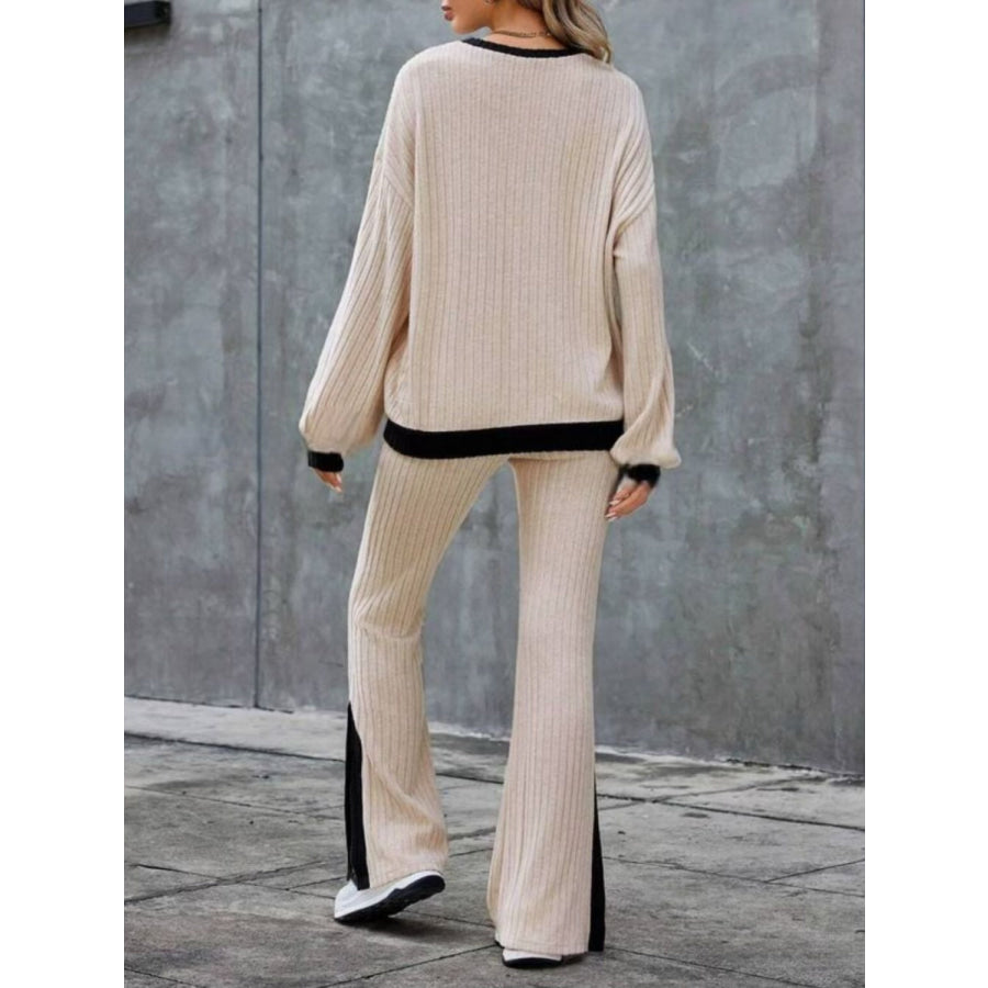 Contrast Round Neck Long Sleeve Top and Bootcut Pants Set Apparel and Accessories