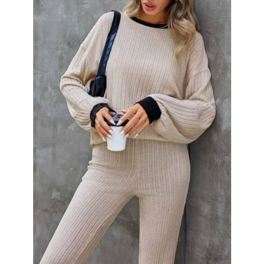 Contrast Round Neck Long Sleeve Top and Bootcut Pants Set Apparel and Accessories