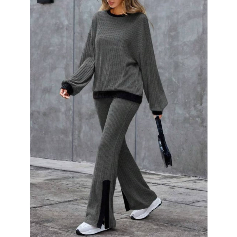 Contrast Round Neck Long Sleeve Top and Bootcut Pants Set Apparel and Accessories