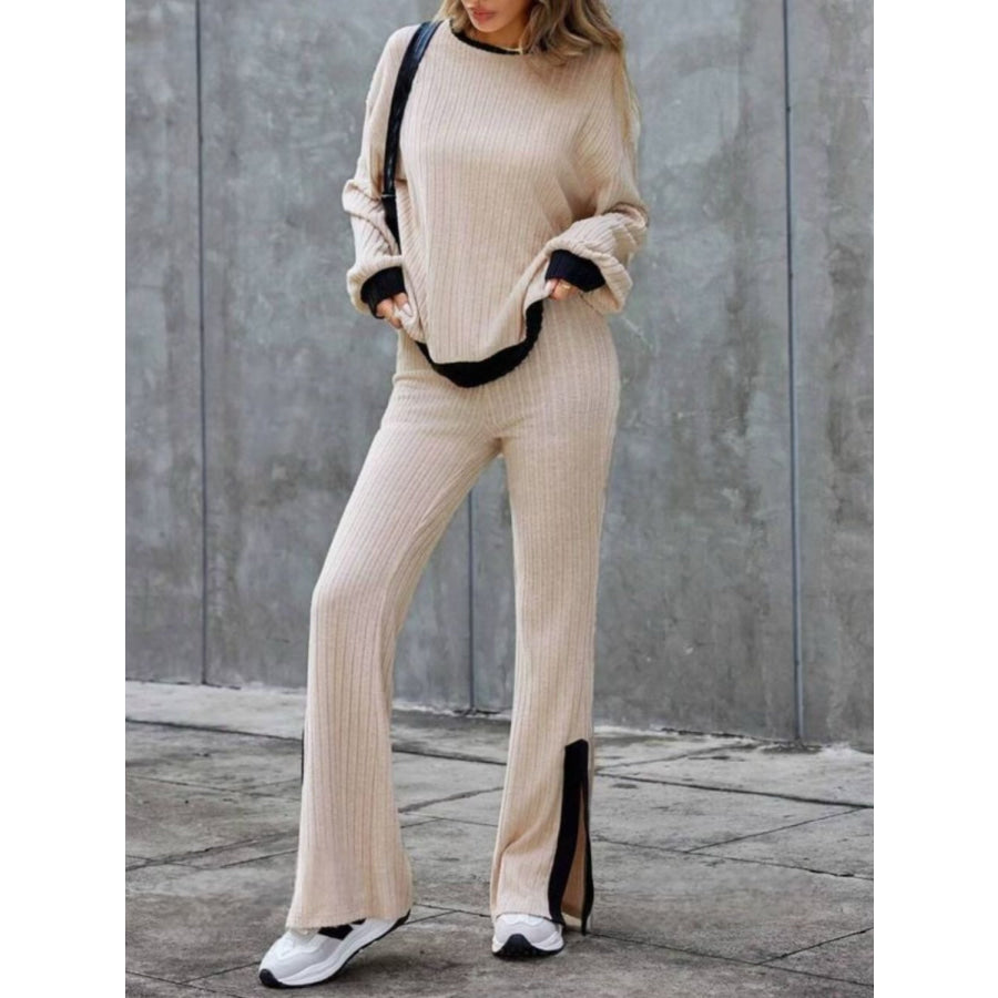 Contrast Round Neck Long Sleeve Top and Bootcut Pants Set Apparel and Accessories