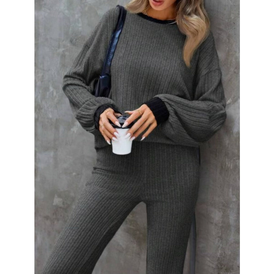 Contrast Round Neck Long Sleeve Top and Bootcut Pants Set Apparel and Accessories