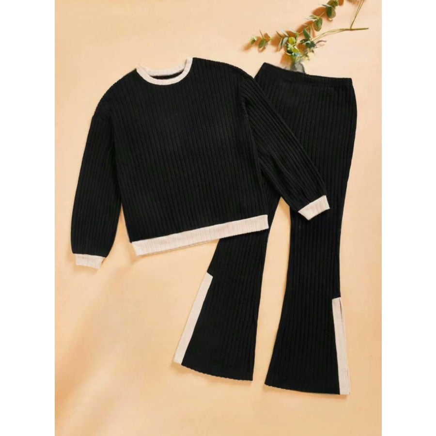 Contrast Round Neck Long Sleeve Top and Bootcut Pants Set Black / S Apparel and Accessories