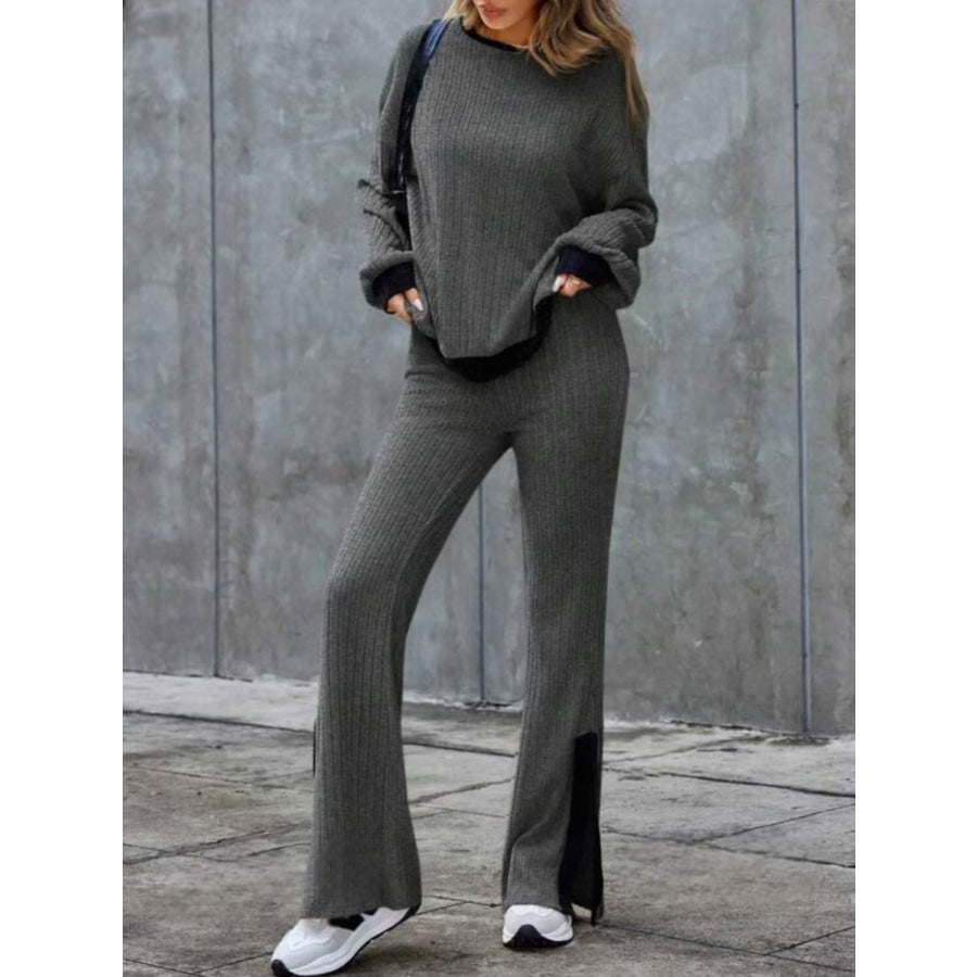 Contrast Round Neck Long Sleeve Top and Bootcut Pants Set Gray / S Apparel and Accessories