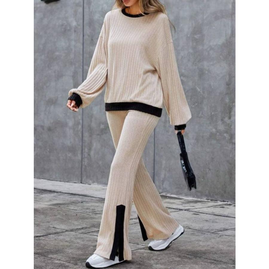 Contrast Round Neck Long Sleeve Top and Bootcut Pants Set Tan / S Apparel and Accessories