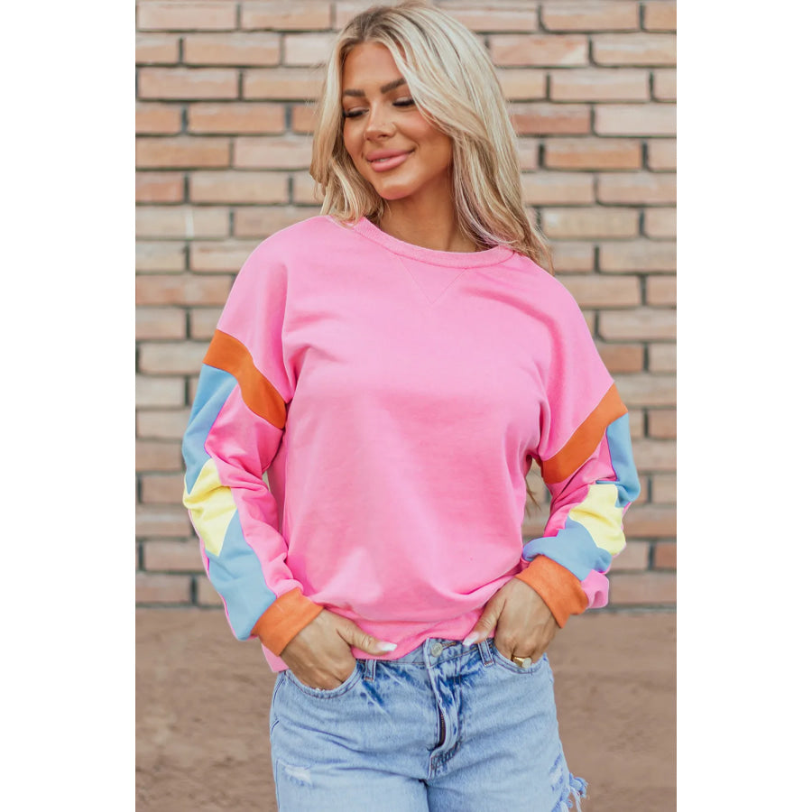 Contrast Round Neck Long Sleeve Top Apparel and Accessories