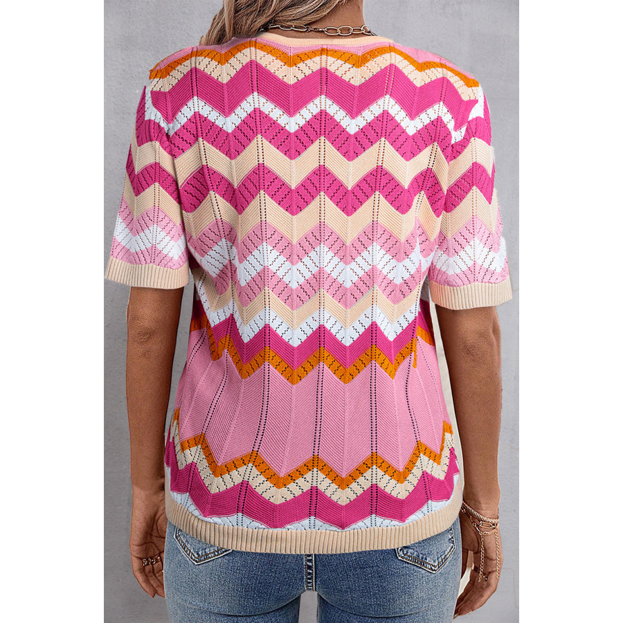 Contrast Round Neck Short Sleeve Knit Top Blush Pink / S Apparel and Accessories