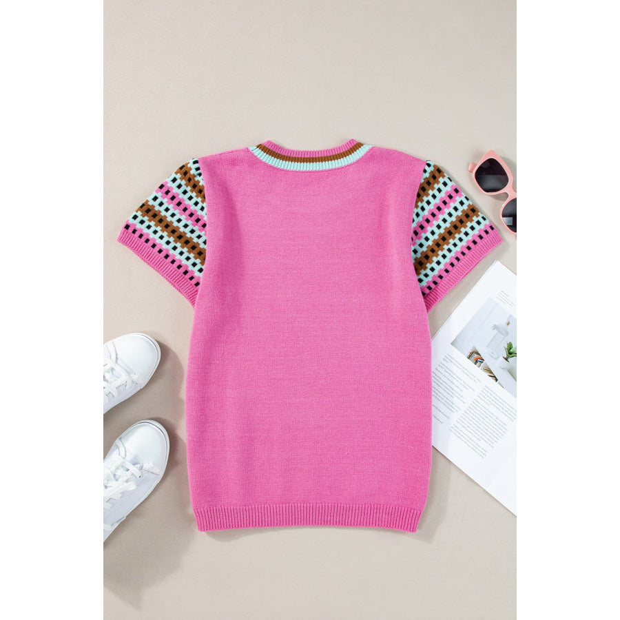 Contrast Round Neck Short Sleeve Knit Top Apparel and Accessories