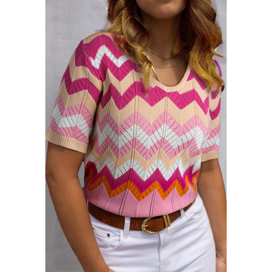 Contrast Round Neck Short Sleeve Knit Top Blush Pink / S Apparel and Accessories