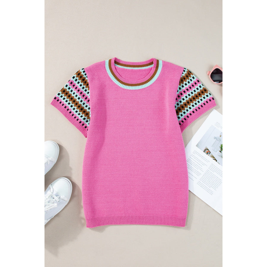 Contrast Round Neck Short Sleeve Knit Top Fuchsia Pink / S Apparel and Accessories