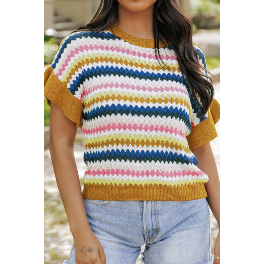 Contrast Round Neck Short Sleeve Sweater Apparel and Accessories