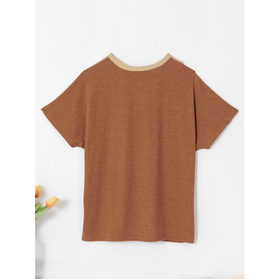 Contrast Round Neck Short Sleeve T - Shirt Apparel and Accessories