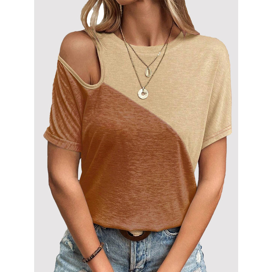 Contrast Round Neck Short Sleeve T - Shirt Caramel / S Apparel and Accessories